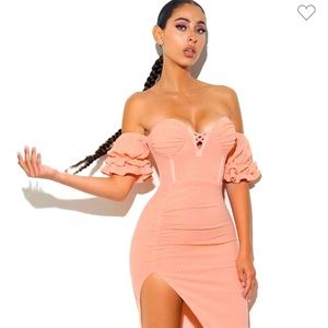 Salmon Pink off shoulder Midi dress with thigh slit.
